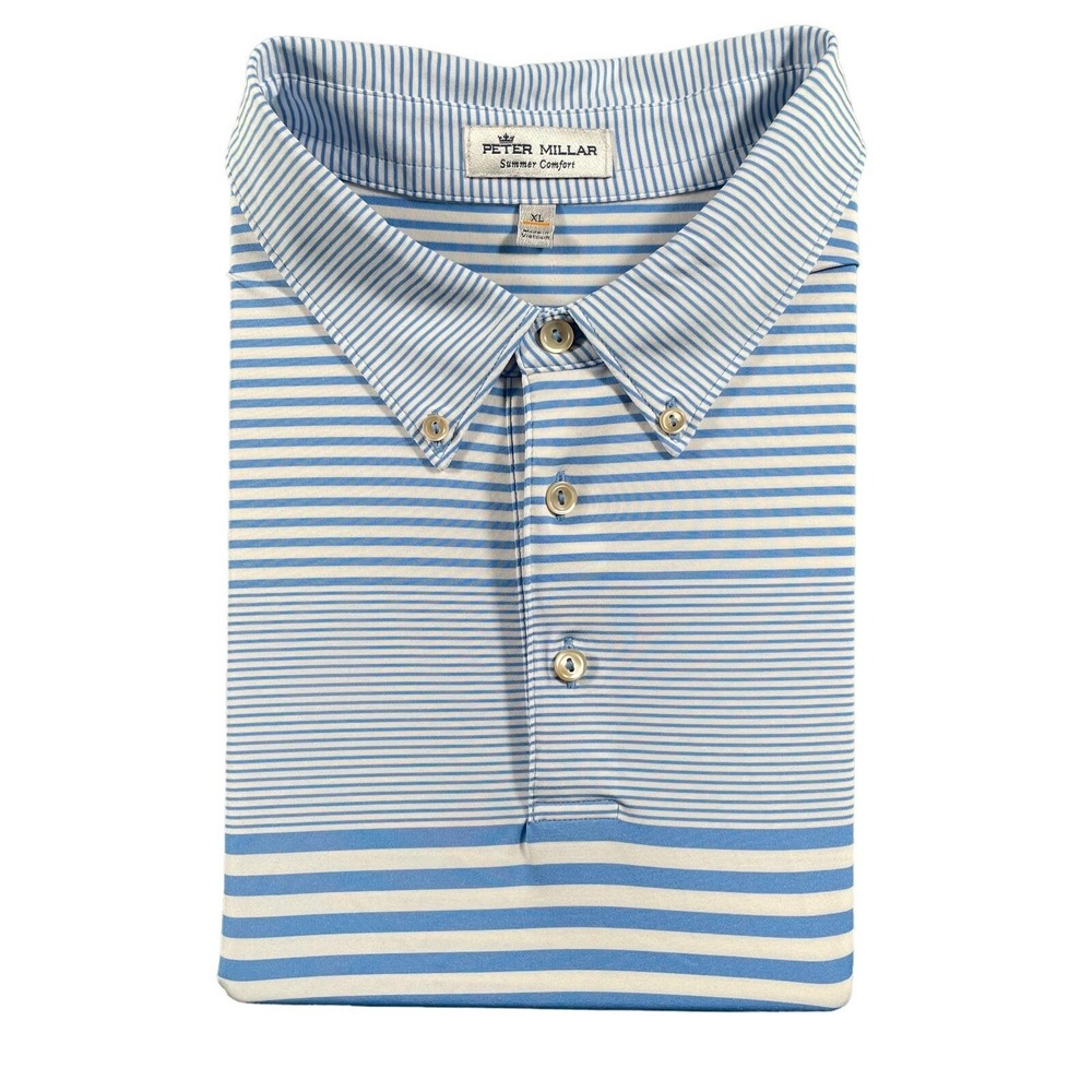 Peter Millar Summer Comfort Blue & White Striped Golf Polo Mens Sz XL Mint EUC